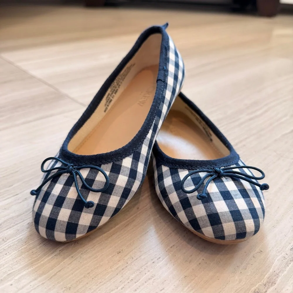 J.Crew Crewcuts Gingham Ballet Flats Bow Plaid Classic Navy White BN824 11 EUC